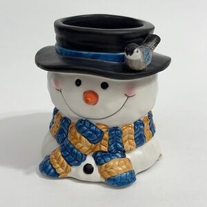 Vintage Ceramic Snowman Votive Candle Holder with Scarf and Bird on Hat